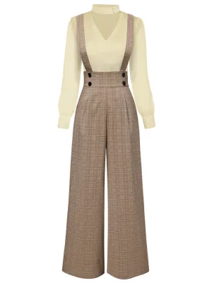[Pre-Sale] 2PCS 1940s Satin Puff Sleeve Blouse & Glen Plaid Overall Pants