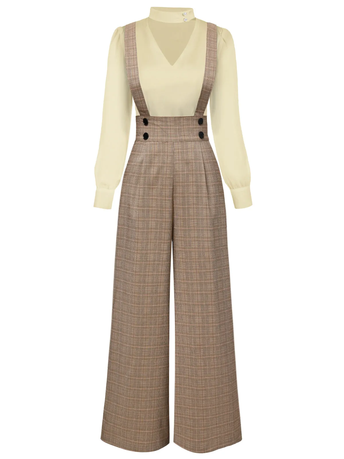 [Pre-Sale] 2PCS 1940s Satin Puff Sleeve Blouse & Glen Plaid Overall Pants