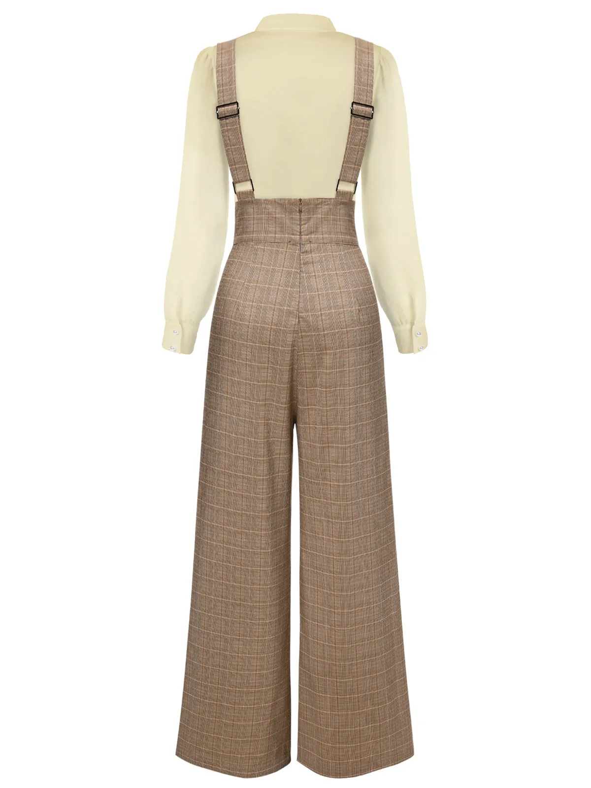[Pre-Sale] 2PCS 1940s Satin Puff Sleeve Blouse & Glen Plaid Overall Pants