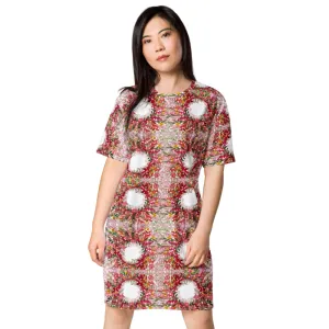 Red Floral Print T-Shirt Dress, Circular Watercolor Fall Style Women's Oversized Short Sleeves Dress