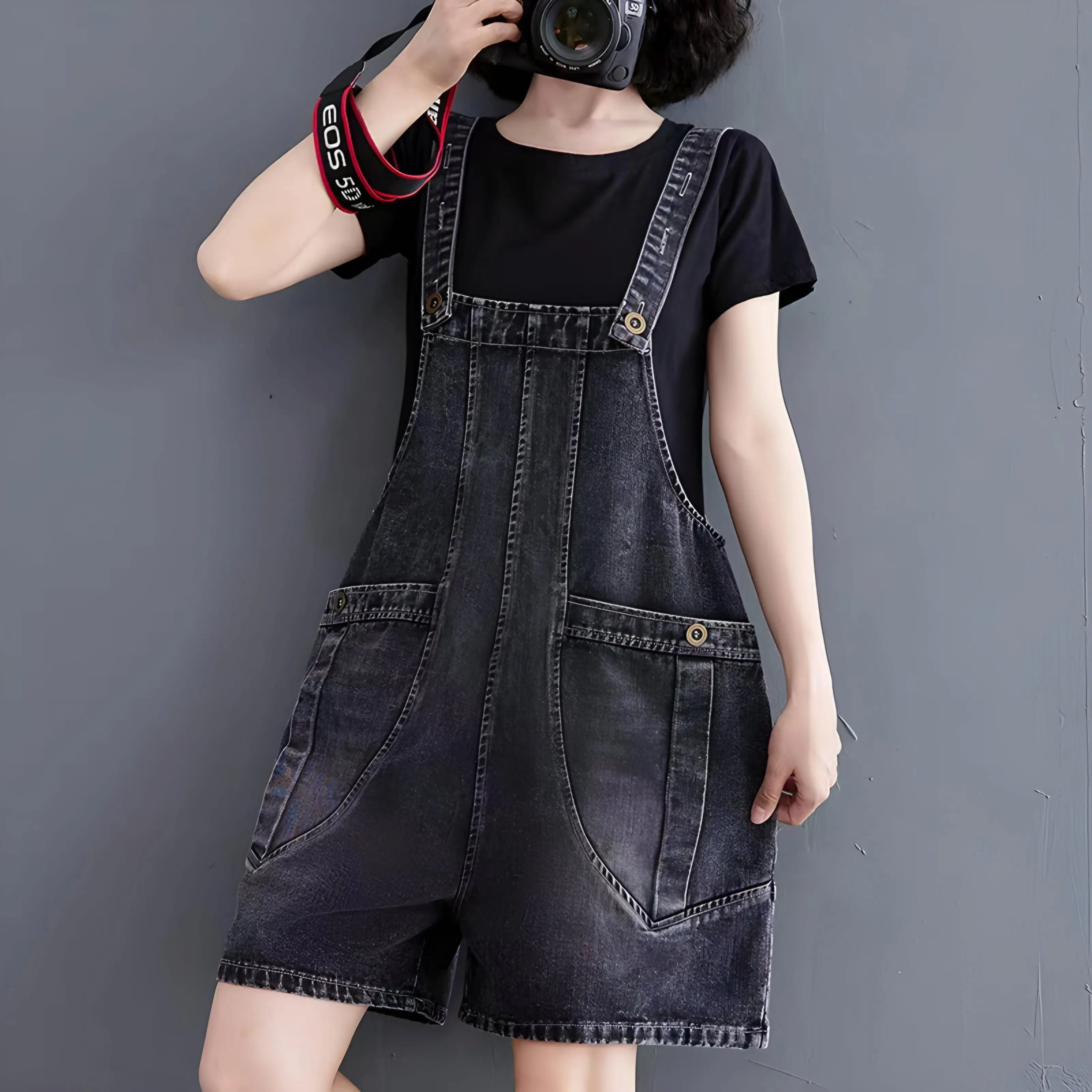 Short Denim Overall Jumpsuit