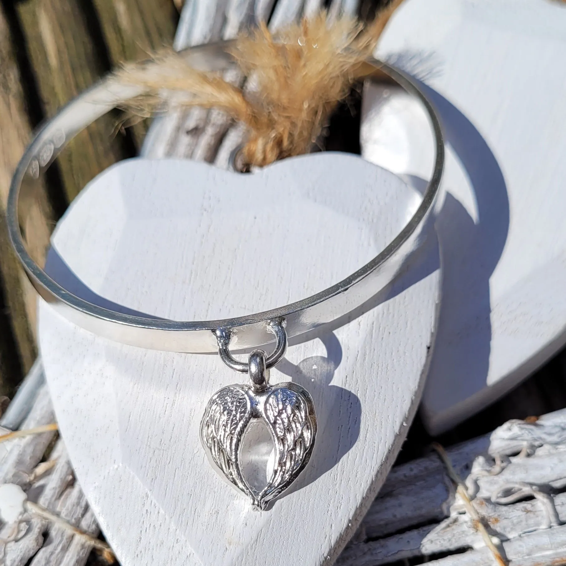 Silver 'Angel Wing' Chunky Stamped Charm Bangle
