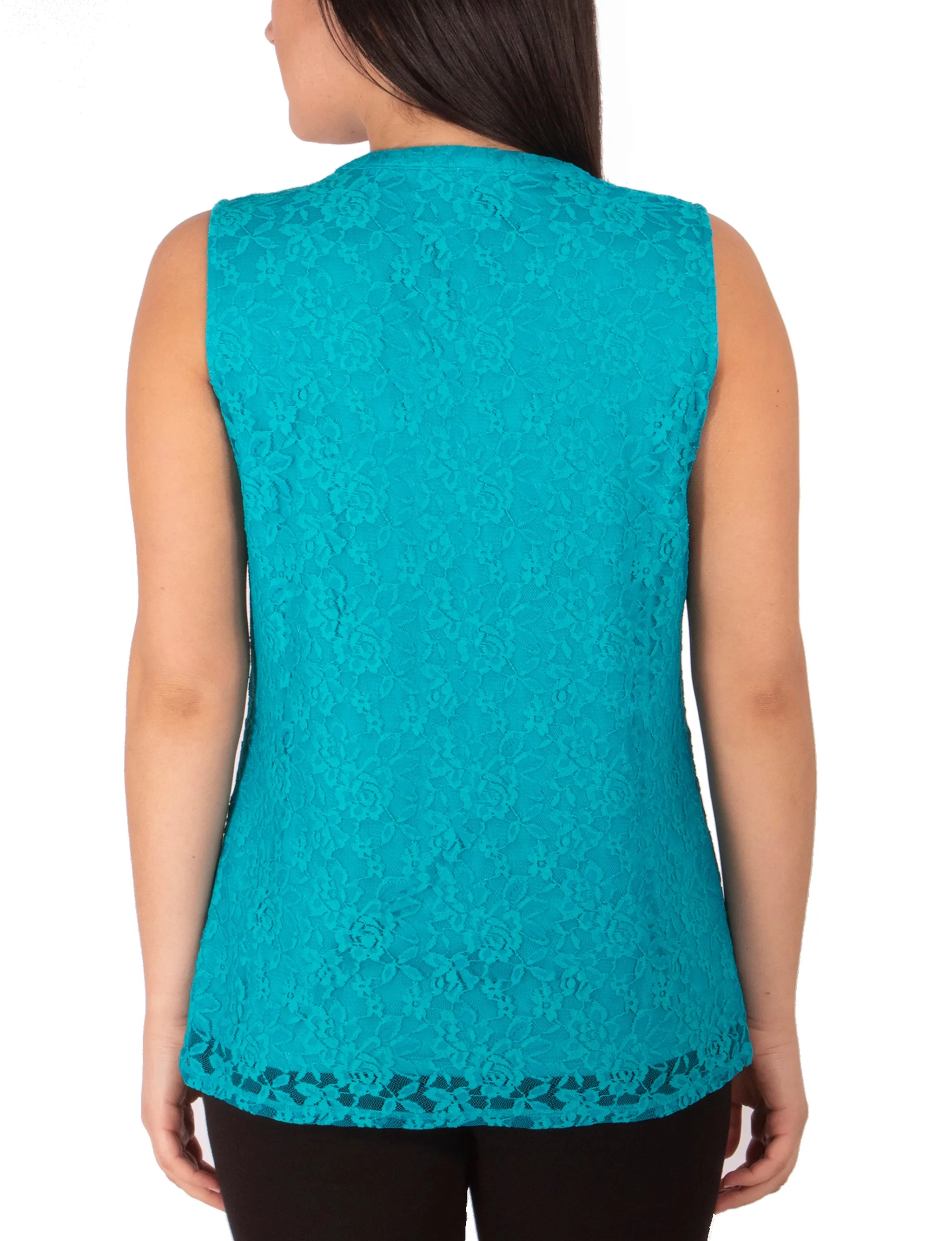 Sleeveless Lace Ruffle Front Y Neck Top
