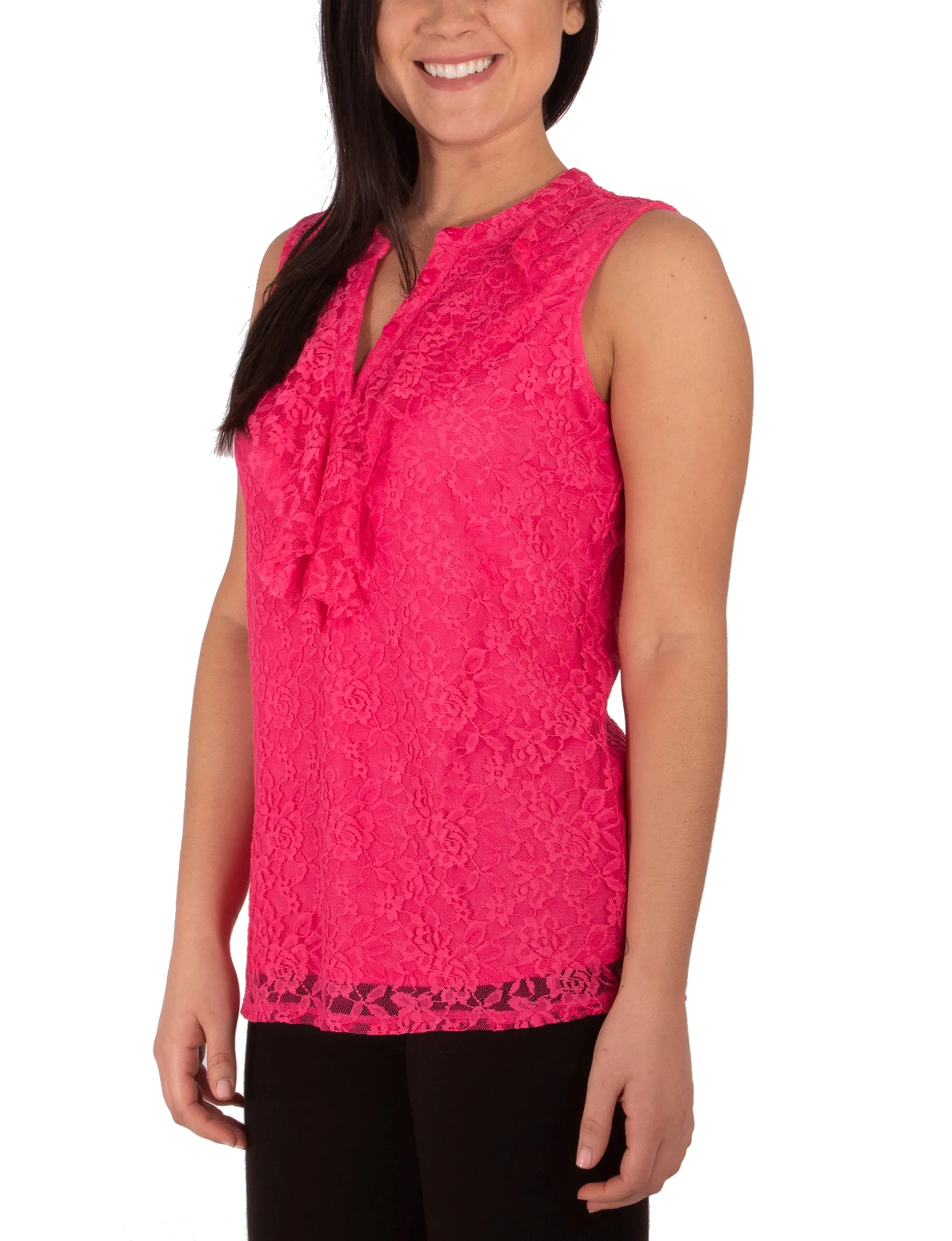 Sleeveless Lace Ruffle Front Y Neck Top