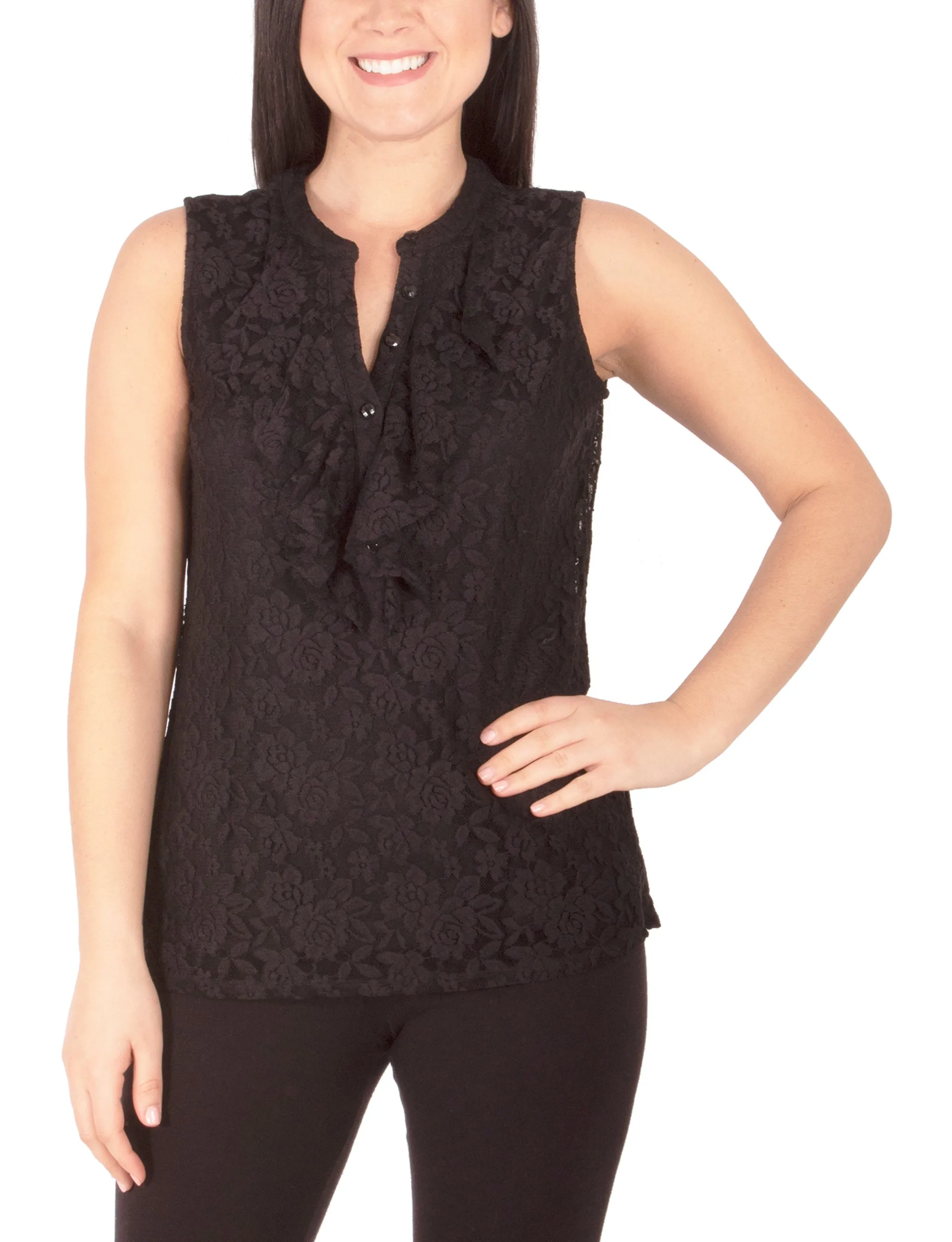 Sleeveless Lace Ruffle Front Y Neck Top