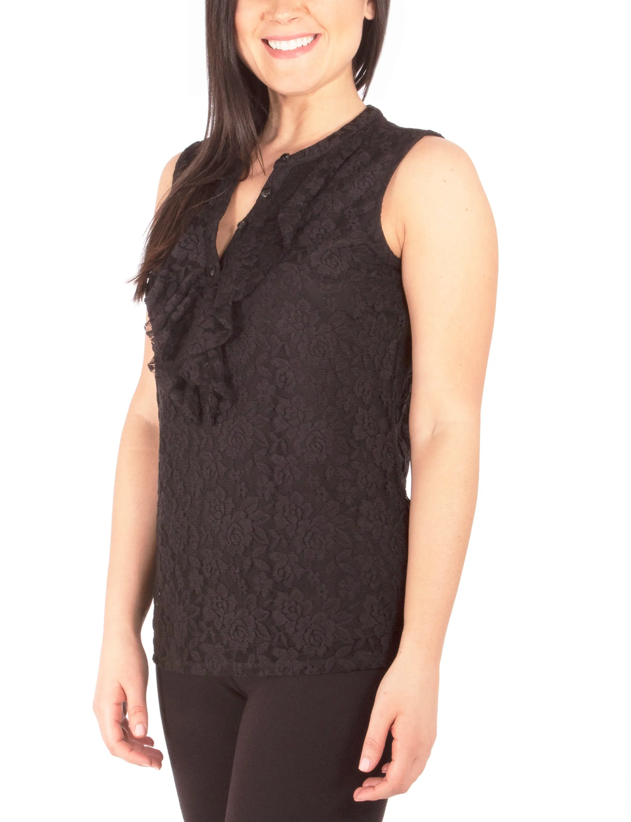 Sleeveless Lace Ruffle Front Y Neck Top