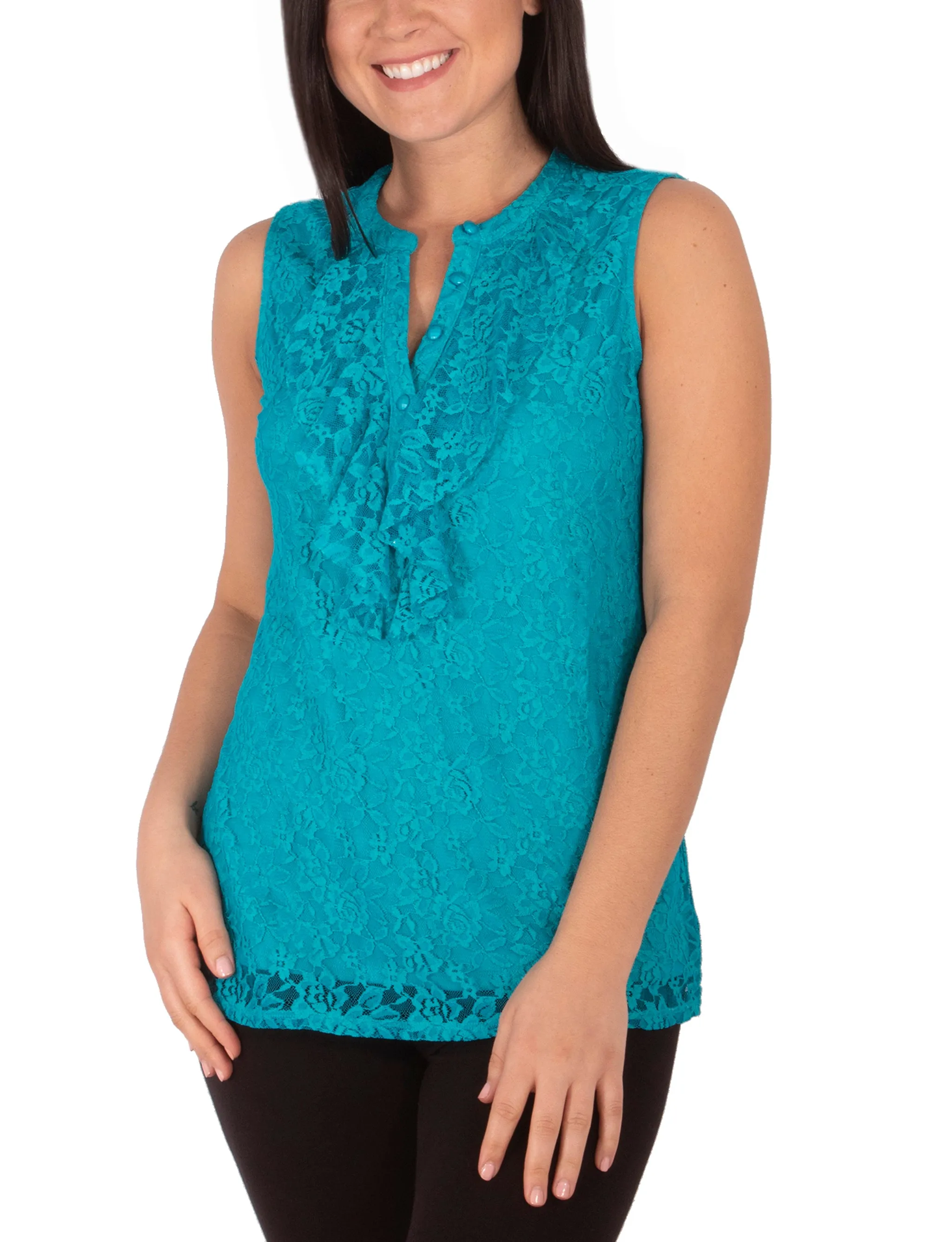 Sleeveless Lace Ruffle Front Y Neck Top