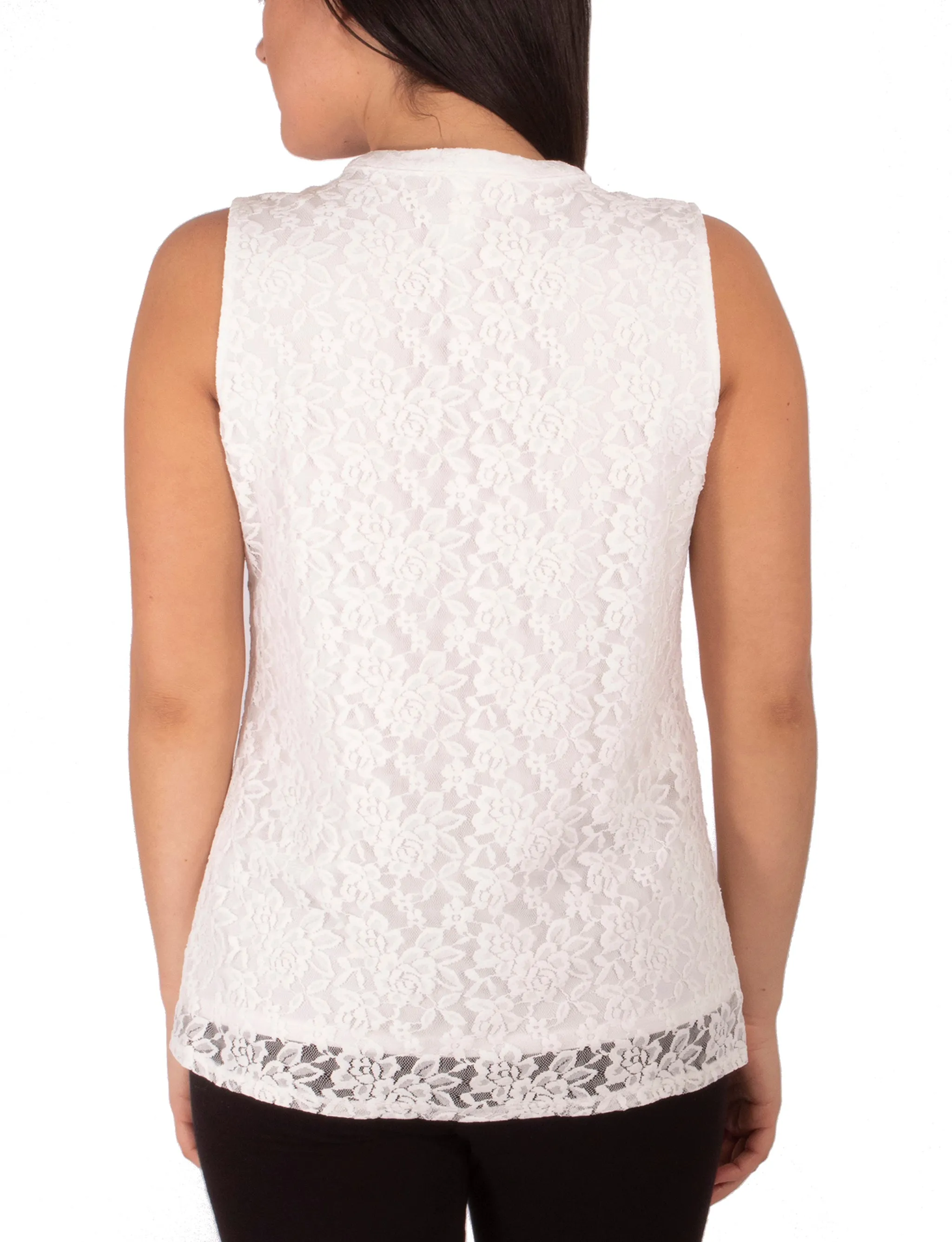 Sleeveless Lace Ruffle Front Y Neck Top