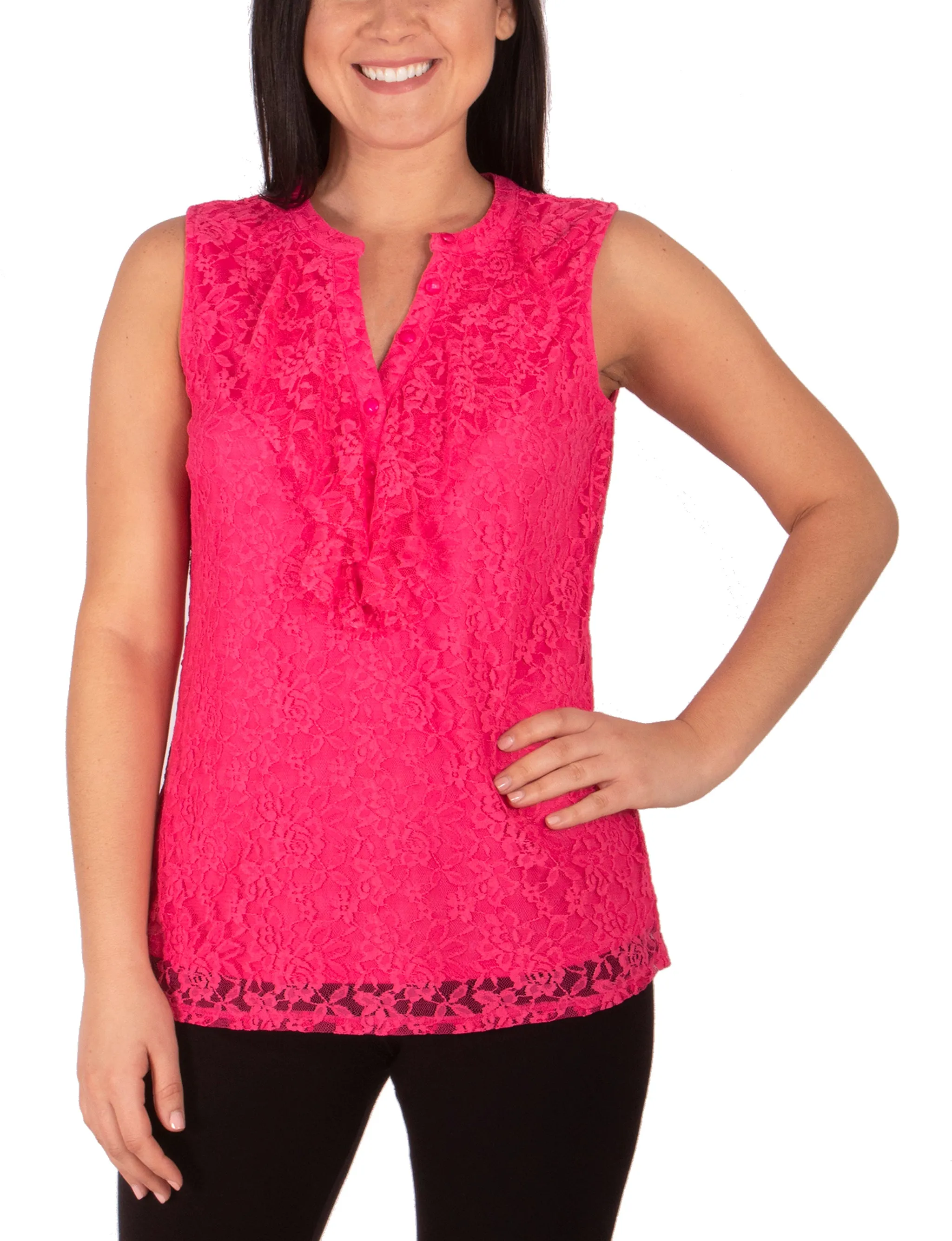 Sleeveless Lace Ruffle Front Y Neck Top