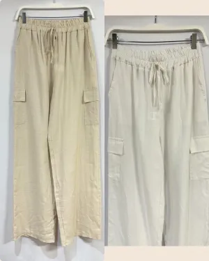 VENTI6 WIDE LEG LINEN PANTS WITH CARGO POCKET - BEIGE OR WHITE