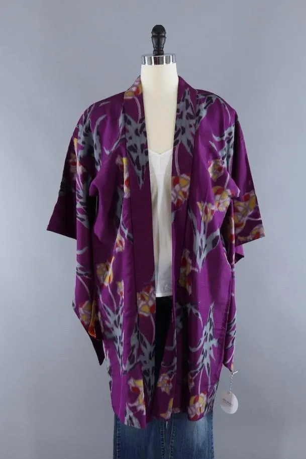 Vintage Silk Kimono Cardigan / Purple Ikat Tulips Floral