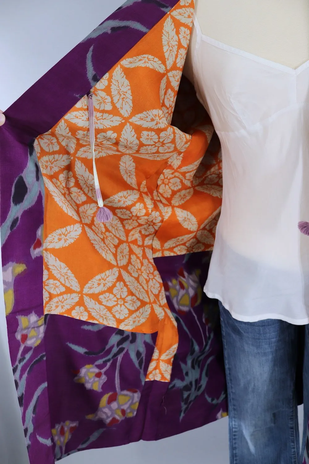 Vintage Silk Kimono Cardigan / Purple Ikat Tulips Floral