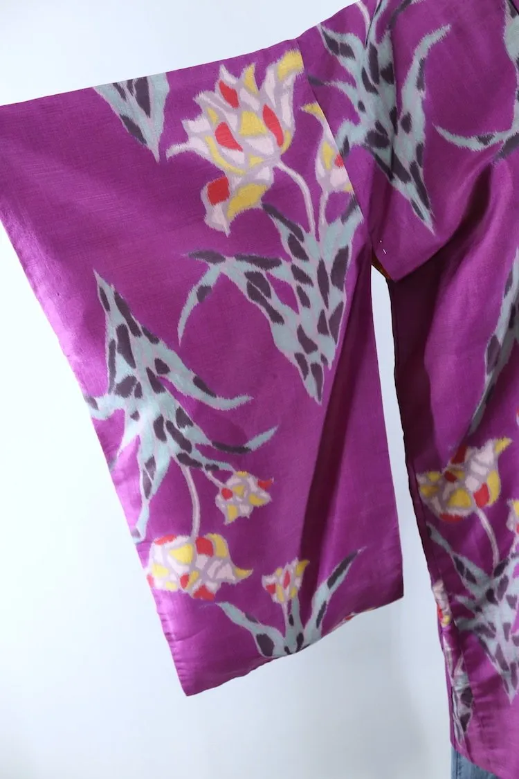 Vintage Silk Kimono Cardigan / Purple Ikat Tulips Floral
