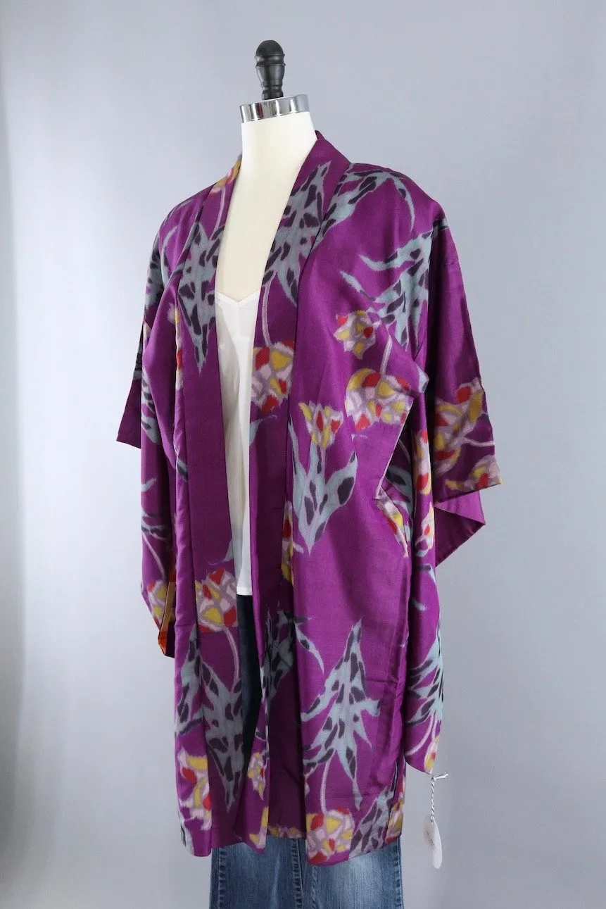 Vintage Silk Kimono Cardigan / Purple Ikat Tulips Floral