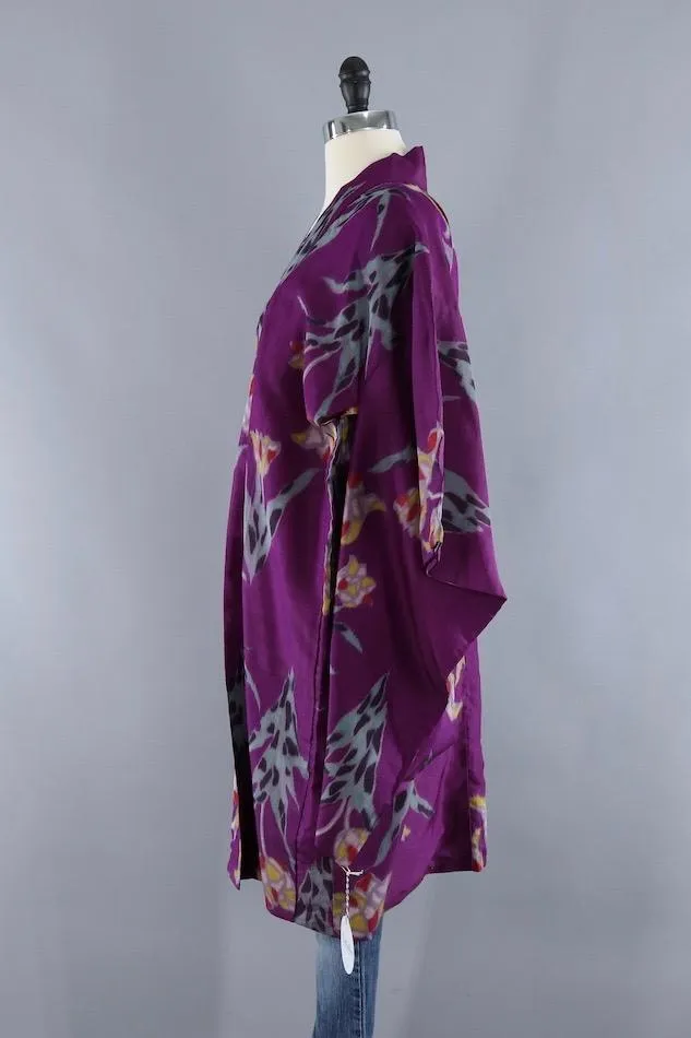 Vintage Silk Kimono Cardigan / Purple Ikat Tulips Floral
