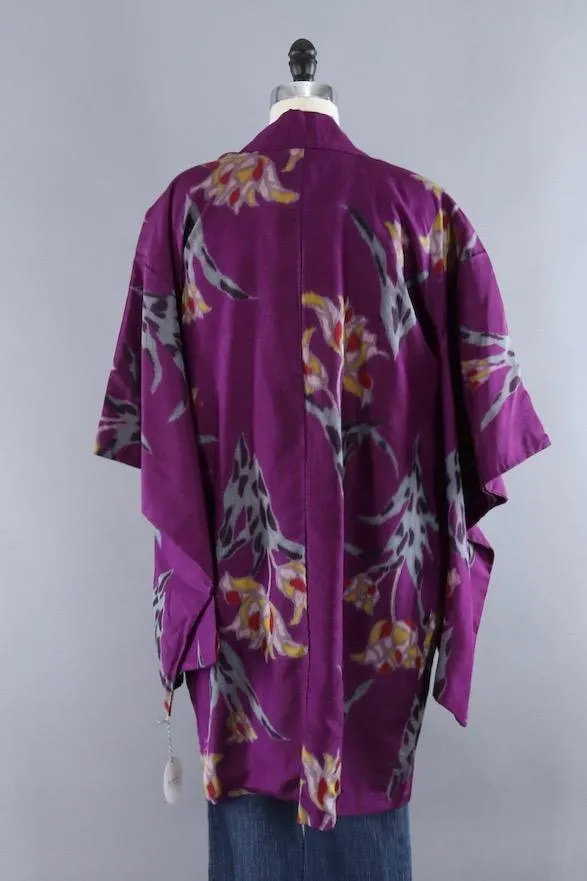 Vintage Silk Kimono Cardigan / Purple Ikat Tulips Floral