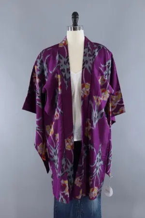 Vintage Silk Kimono Cardigan / Purple Ikat Tulips Floral