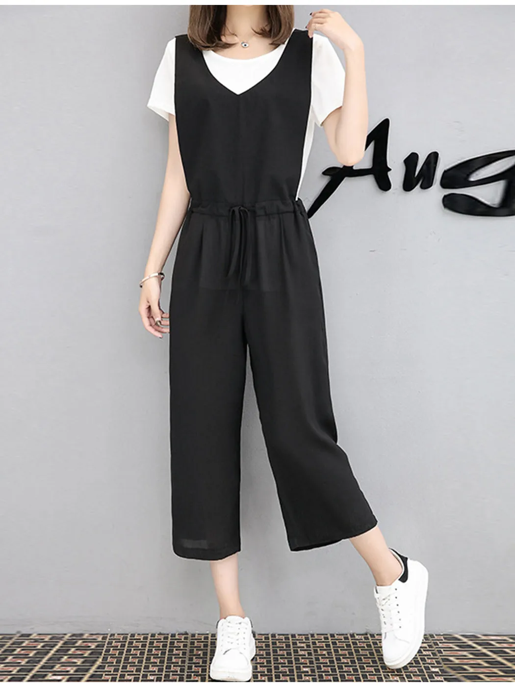 Wide Leg Cropped Overall Jumpsuit