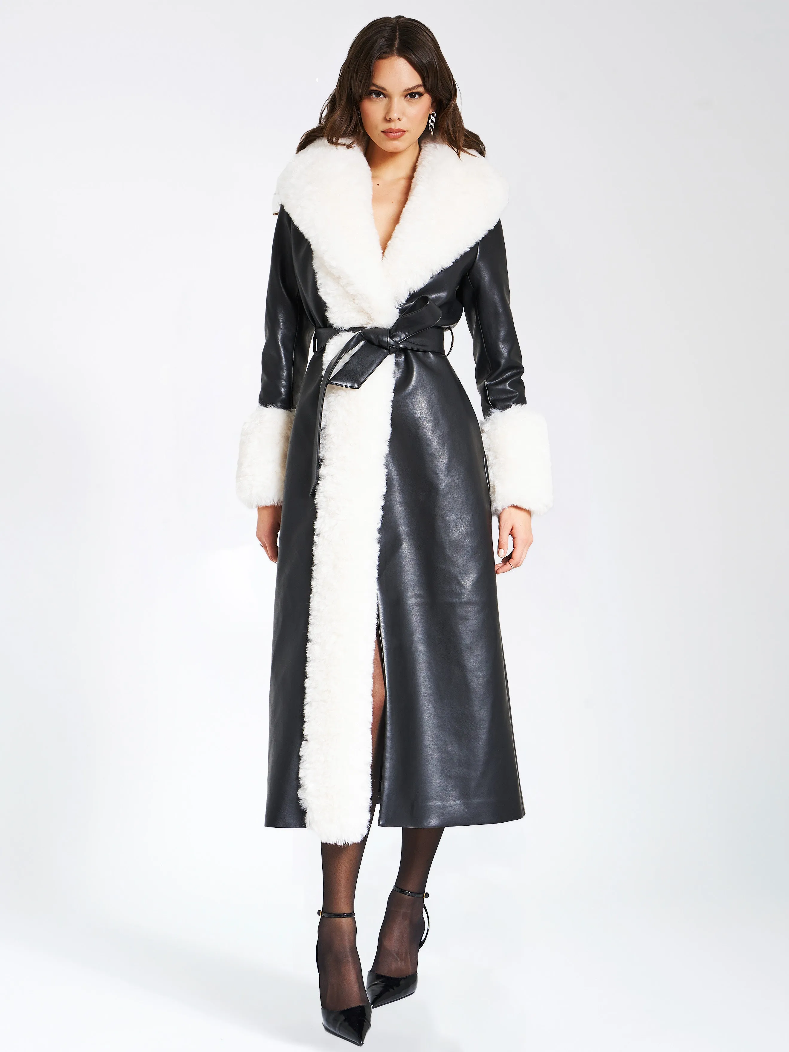 Zaida White Faux Fur Trim Black Vegan Leather Coat
