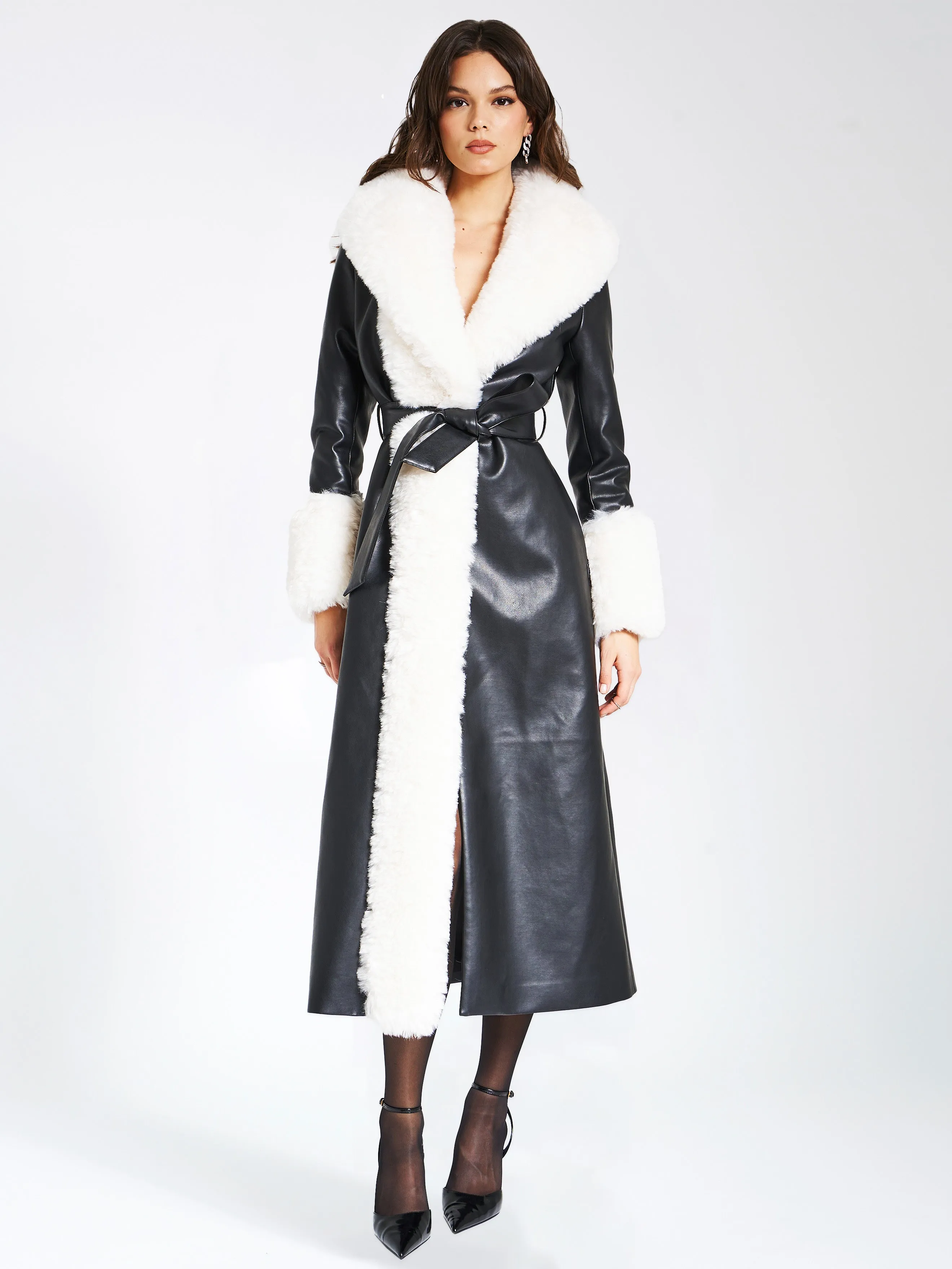 Zaida White Faux Fur Trim Black Vegan Leather Coat