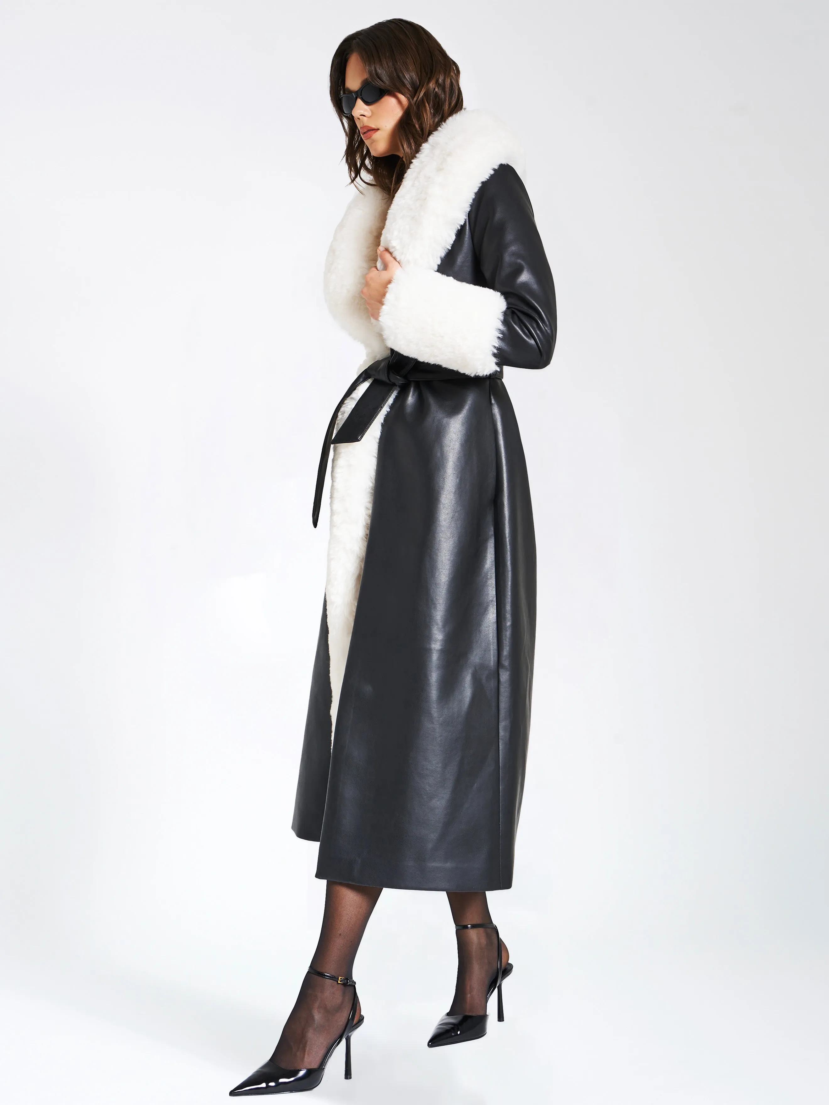 Zaida White Faux Fur Trim Black Vegan Leather Coat