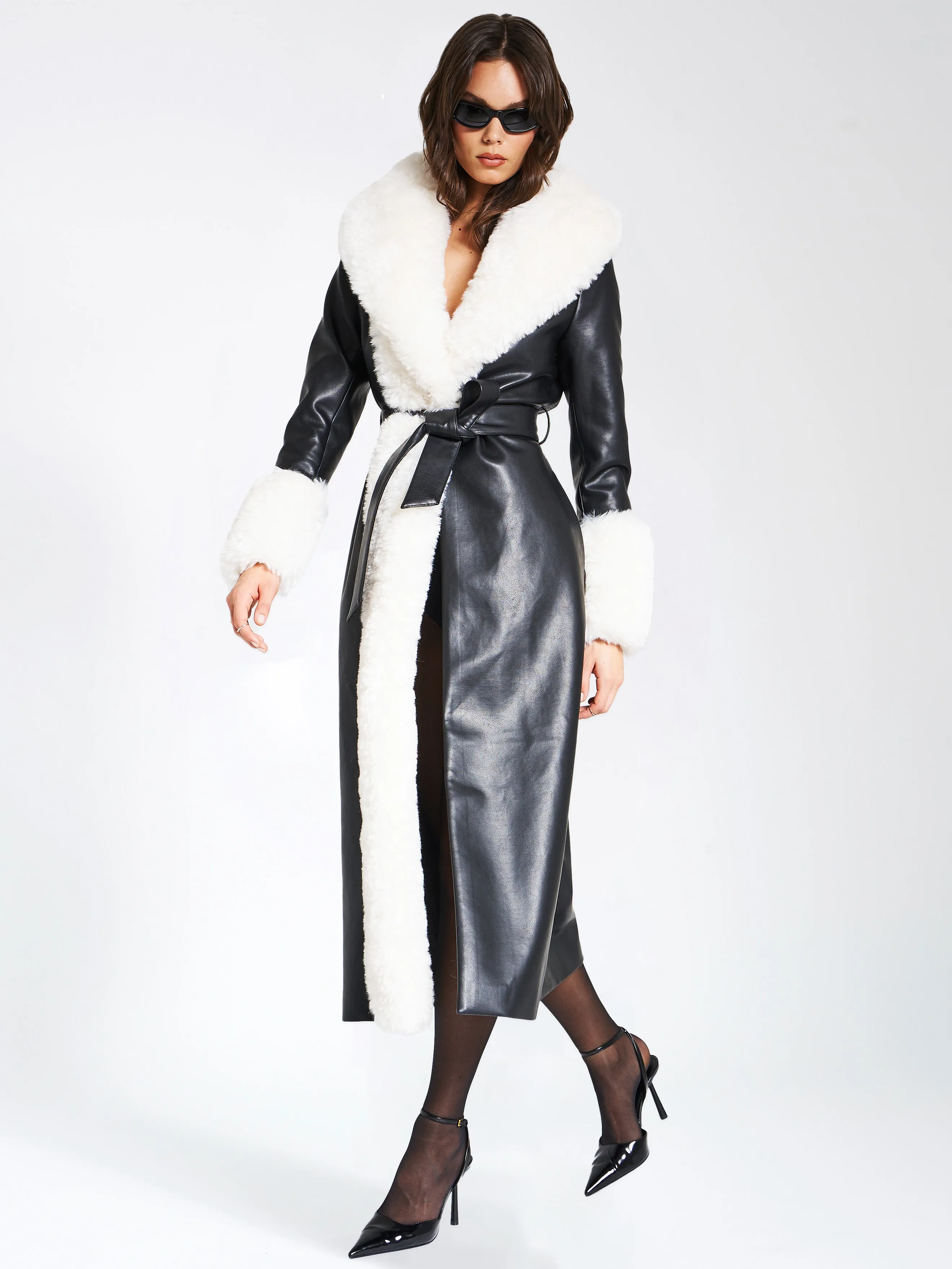 Zaida White Faux Fur Trim Black Vegan Leather Coat