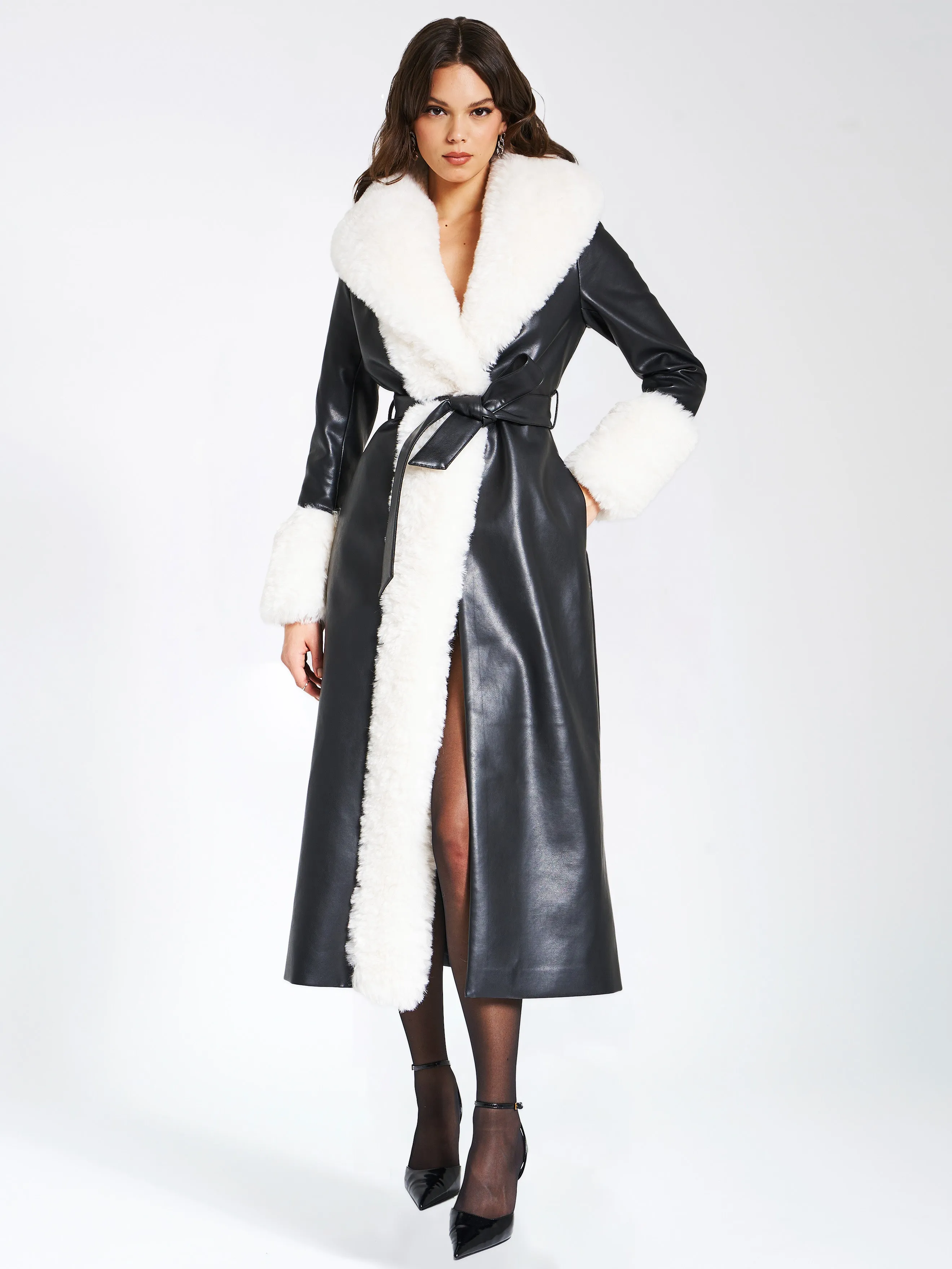 Zaida White Faux Fur Trim Black Vegan Leather Coat