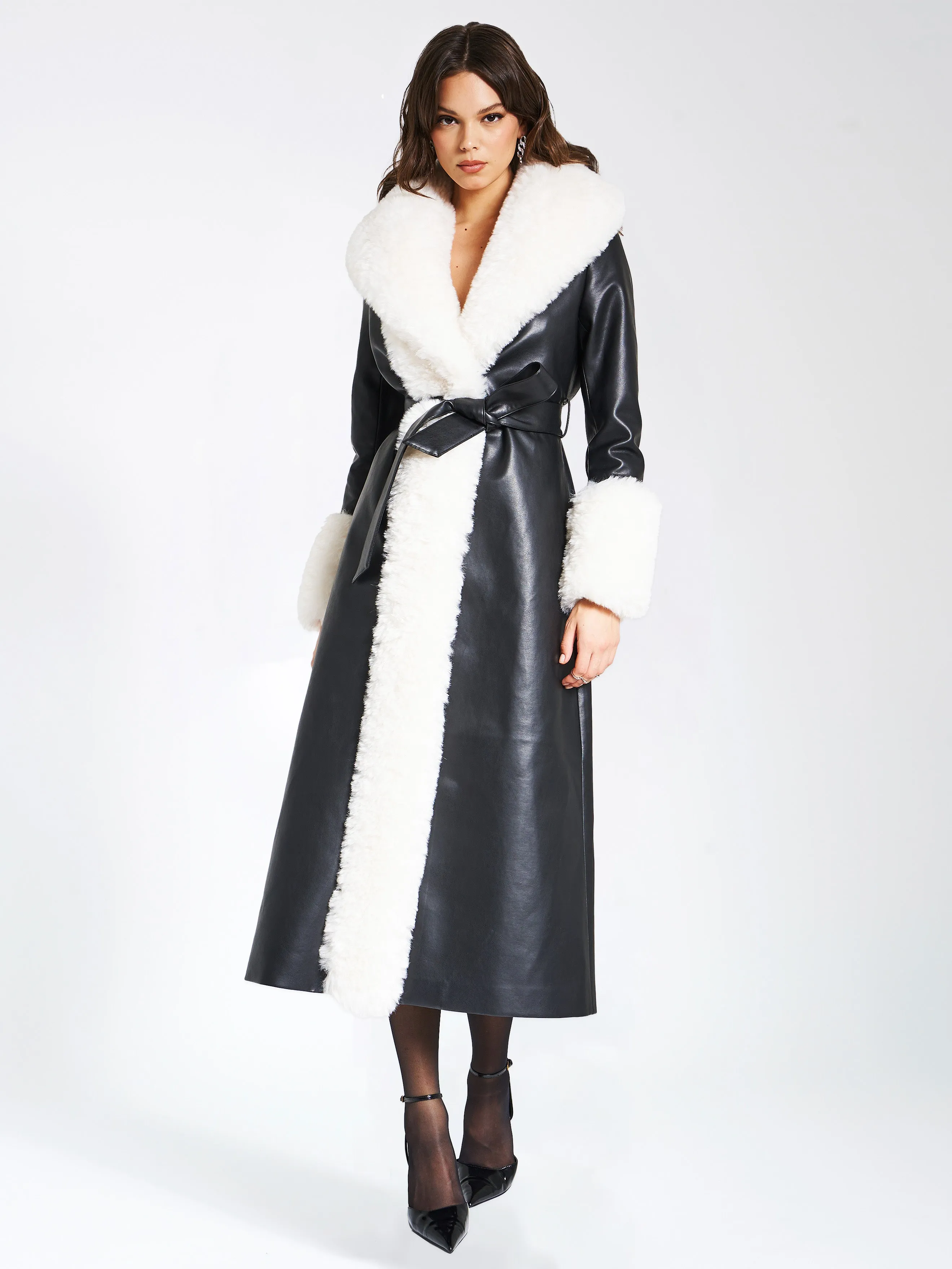 Zaida White Faux Fur Trim Black Vegan Leather Coat