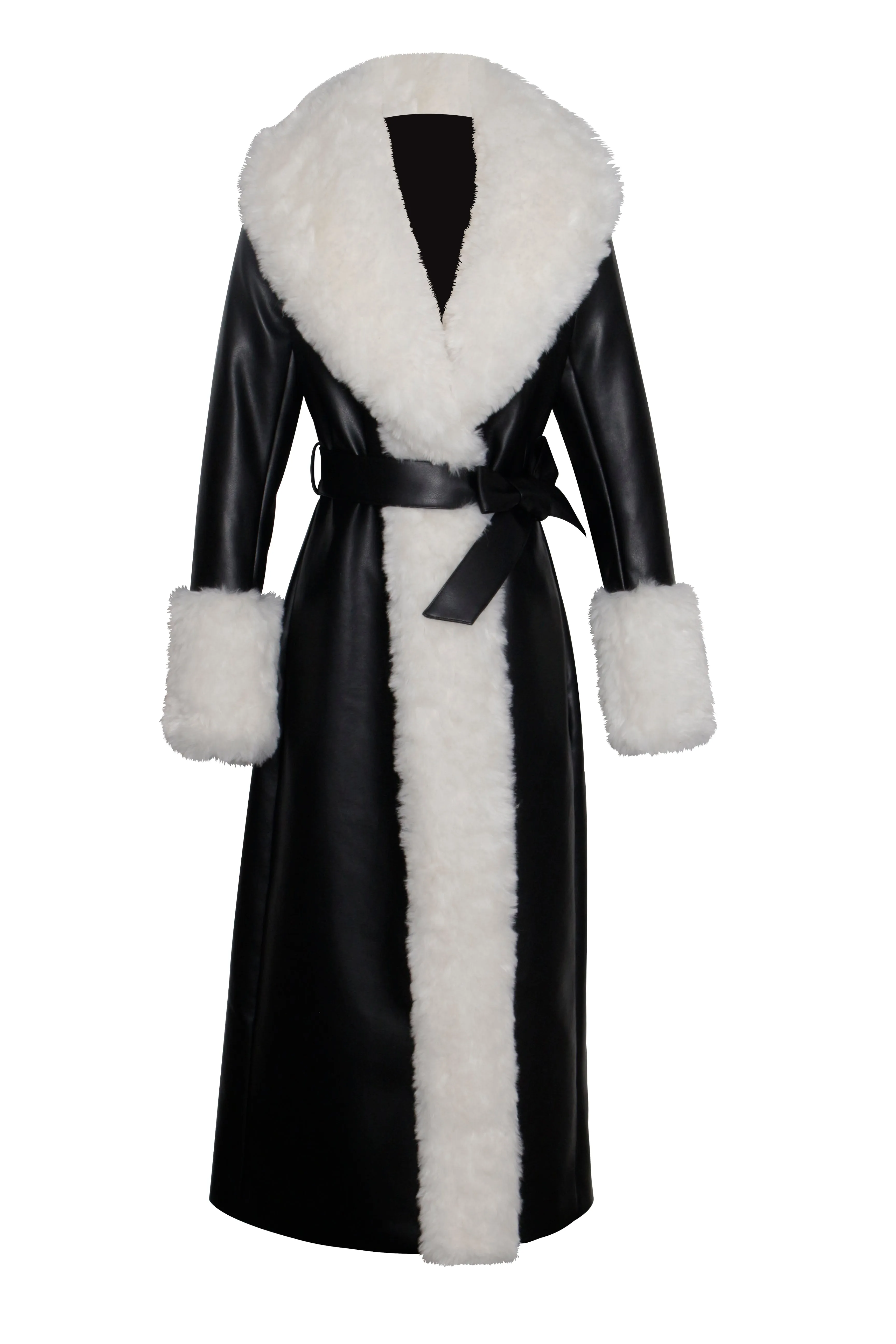 Zaida White Faux Fur Trim Black Vegan Leather Coat