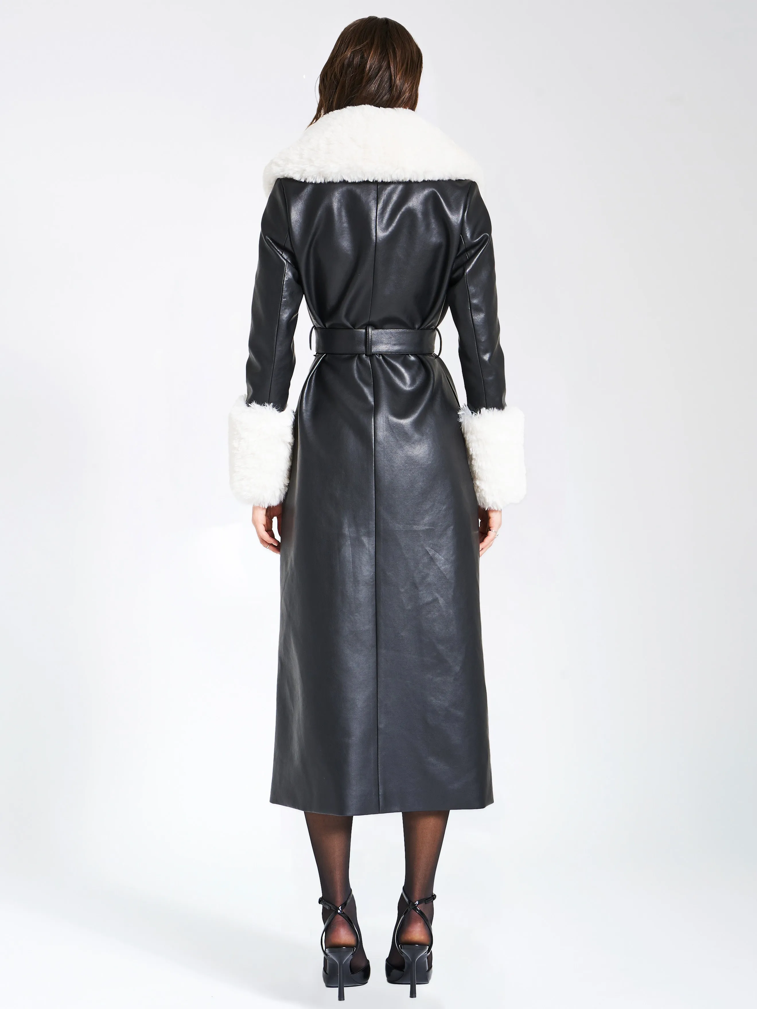 Zaida White Faux Fur Trim Black Vegan Leather Coat